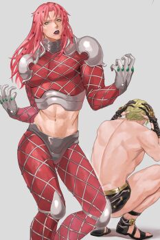 2boys abs argyle_clothes argyle_pants argyle_shirt back belt black_gloves black_sandals black_skirt blonde_hair cosplay diamond_wa_kudakenai diavolo gloves gold_belt green_eyes grey_panties hands_on_own_head highres in-franchise_crossover jojo_no_kimyou_na_bouken killer_queen killer_queen_(cosplay) king_crimson_(stand) king_crimson_(stand)_(cosplay) kira_yoshikage knee_pads long_hair makeup male_focus midriff miniskirt multiple_boys muscular muscular_male navel panties pants parted_lips pink_hair purple_lips red_pants red_shirt rr9pt76u5phwgqx sandals shirt short_hair shoulder_pads skirt squatting stand_(jojo) teeth topless_male turtleneck underwear vento_aureo white_gloves