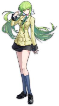 1girl ashford_academy_school_uniform black_footwear c.c. code_geass full_body green_hair highres jacket long_hair mahjong_soul official_art school_uniform simple_background skirt solo standing transparent_background yellow_eyes yellow_jacket