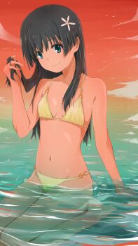 1girl absurdres bikini black_hair blue_eyes breasts closed_mouth commentary_request flower hair_flower hair_ornament highres long_hair looking_at_viewer musaki_(msaki666) navel o-ring o-ring_bikini o-ring_bottom o-ring_top orange_sky partially_submerged revision saten_ruiko sitting sky small_breasts smile solo string_bikini sunset swimsuit toaru_kagaku_no_railgun toaru_majutsu_no_index water yellow_bikini