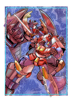 absurdres assault_visor autobot border claws deathsaurus decepticon highres holding holding_sword holding_weapon looking_down looking_up mecha no_humans open_hand open_mouth robot science_fiction space star_saber_(transformers) sword transformers transformers_victory tsushima_naoto weapon white_border