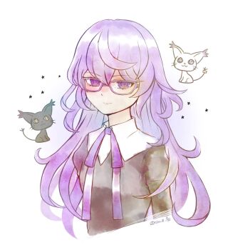 1girl aged_down black_dress blacktailmon digimon digimon_(creature) digimon_story:_time_stranger dress glasses highres long_hair mikagura_mirei purple-framed_eyewear purple_eyes purple_hair purple_ribbon ribbon rikka_(tcbn_18) simple_background tailmon