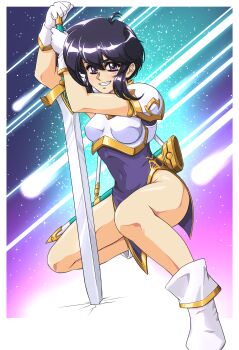 1990s_(style) 1girl absurdres armor black_hair boots dress fire_emblem fire_emblem:_genealogy_of_the_holy_war fire_emblem_heroes grin highres holding holding_sword holding_weapon larcei_(fire_emblem) nintendo planted planted_sword planted_weapon purple_dress purple_eyes retro_artstyle shooting_star short_hair shoulder_armor simple_background sirknightbot smile smug solo sword thighs weapon white_boots