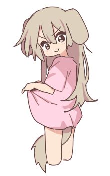 1girl :&gt; animal_ears brown_eyes brown_hair closed_mouth cropped_legs dog_ears dog_girl dog_tail highres long_hair looking_at_viewer orenjipiiru original pink_shirt shirt short_sleeves simple_background solo tail v-shaped_eyebrows white_background