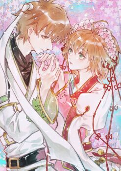 Rule 34 | 1boy, 1girl, absurdres, antenna hair, bell, belt, belt buckle, black belt, black shirt, brown eyes, brown hair, buckle, cardcaptor sakura, cherry blossom print, cherry blossoms, chest belt, closed mouth, cowboy shot, day, expressionless, eye contact, eyelashes, floral print, flower, flower hairband, flower knot, green eyes, hair between eyes, hair ribbon, happy, headband, hetero, highres, holding hands, imminent kiss, japanese clothes, juliet sleeves, kimono, kinomoto sakura, kiss, kissing hand, layered sleeves, li syaoran, light smile, long sleeves, looking at another, magical boy, magical girl, neko ye, nostrils, outdoors, pants, parted lips, pink flower, pink kimono, pointy nose, procreate (medium), puffy sleeves, red ribbon, ribbon, shirt, short hair with long locks, sidelocks, spring (season), tree, white belt, white headband, white kimono, white pants, white sleeves