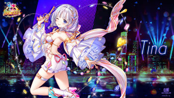 Rule 34 | 1girl, ass, baizu (guszx), bare shoulders, blue eyes, blush, boots, breasts, building, character name, city, closed mouth, detached sleeves, from side, full body, garter straps, gem, gem hair ornament, grey hair, gun, hair intakes, hair ornament, hand up, high heel boots, high heels, highres, holding, holding gun, holding weapon, jewelry, looking at viewer, low twintails, night, official art, official wallpaper, one eye closed, outstretched arm, shironeko project, short shorts, shorts, small breasts, smile, solo, standing, standing on one leg, thighs, tina topia, tongue, tongue out, twintails, weapon, white boots, white garter straps