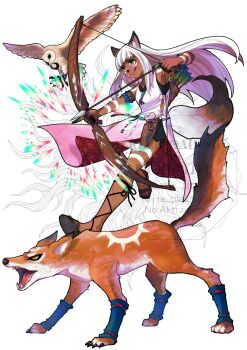 1girl :q absurdres animal_ears archery arrow_(projectile) barn_owl bird bow_(weapon) closed_mouth commentary_request dark-skinned_female dark_skin dress eyelashes green_eyes highres holding holding_bow_(weapon) holding_weapon long_hair ochette_(octopath_traveler) octopath_traveler octopath_traveler_ii orange_fur owl quiver red_dress sharp_teeth smile teeth togekawaaaaaa tongue tongue_out two-sided_dress two-sided_fabric two-tone_dress watermark weapon white_background white_dress white_hair yellow_eyes