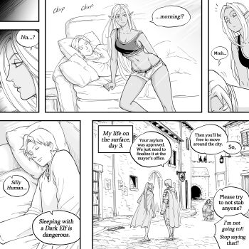 Rule 34 | 1boy, 1girl, absurdres, bb (baalbuddy), breasts, brother and sister, brother and step-sister, couch, crop top, dark-skinned female, dark elf, dark skin, dolphin shorts, elf, english text, groin, highres, left-to-right manga, long hair, medium breasts, on couch, original, pointy ears, shorts, siblings, sleeping, speech bubble, step-brother and step-sister, step-siblings, strap slip, tank top, waking up, willford diccard, zana (dark elf stepsister)