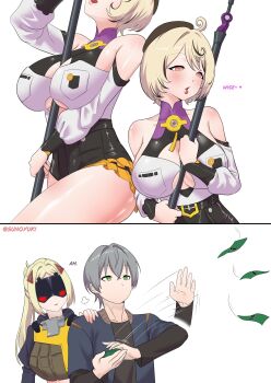 1boy 2girls absurdres between_breasts blonde_hair blush breasts cleavage english_text green_eyes grey_hair highres jealous large_breasts long_sleeves mask multiple_girls ponytail short_hair simple_background sunoyukey thighs throwing throwing_money trigger_(zenless_zone_zero) white_background wise_(zenless_zone_zero) yidhari_murphy zenless_zone_zero