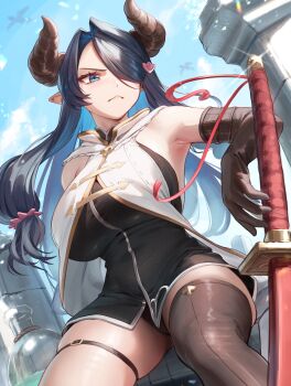 Rule 34 | 1girl, :<, absurdres, black dress, black gloves, black hair, black panties, black thighhighs, blue eyes, blue hair, blue sky, breasts, closed mouth, cloud, colored inner hair, commentary, cosplay, curled horns, day, dress, english commentary, gloves, granblue fantasy, hair intakes, hair over one eye, highres, hololive, hololive english, hood, hooded vest, hoodie, horns, katana, large breasts, long hair, multicolored hair, narmaya (granblue fantasy), narmaya (granblue fantasy) (cosplay), ouro kronii, outdoors, padoruu, panties, panty peek, pointy ears, short dress, single thighhigh, sky, sleeveless, sleeveless dress, solo, sword, thigh strap, thighhighs, underwear, vest, virtual youtuber, weapon, white vest