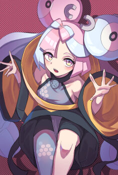 1girl absurdres blue_hair bow-shaped_hair breasts character_hair_ornament commentary_request criss-cross_halter fake_hair_bun grey_pantyhose hair_ornament halter_shirt halterneck hexagon_print highres iono_(pokemon) jacket long_hair long_sleeves medium_breasts multicolored_hair nintendo open_mouth oversized_clothes pantyhose pantyhose_under_shorts pink_hair pokemon pokemon_sv sharp_teeth shorts single_leg_pantyhose smile solo split-color_hair teeth x_(symbol) yellow_jacket yogert_chip