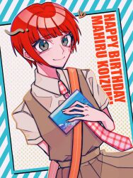 Rule 34 | 1girl, arm behind back, birthday, blue background, brown background, brown dress, brown eyes, closed mouth, collared shirt, commentary, danganronpa (series), danganronpa 2: goodbye despair, dress, dress shirt, gingham necktie, happy birthday, heart, highres, holding, holding photo, koizumi mahiru, looking at viewer, meta akira, multicolored background, necktie, photo (object), pinafore dress, pleated dress, polka dot, polka dot background, red hair, red necktie, school uniform, shirt, short hair, short sleeves, sleeveless, sleeveless dress, smile, solo, square pupils, standing, strap, striped background, upper body, white background, white necktie, white shirt