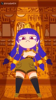 1girl animated animated_gif ankha_zone_(meme) belt belt_buckle black_belt black_thighhighs blue_eyes blue_hair brown_shirt brown_shoes brown_shorts buckle crossed_arms dancing earrings facial_mark frown full_body gold hair_bobbles hair_ornament hieroglyphics highres jewelry long_hair meme michigami_nareko minuspal_(style) parody shinoda404 shirt shoes short_sleeves shorts solo sphere_hair_ornament spotlight standing style_parody swaying_hip thighhighs touhou triangle triangle_facial_mark
