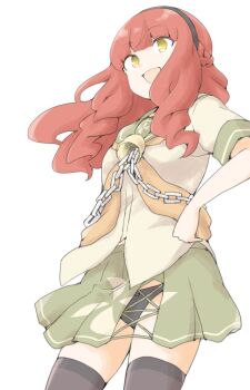 1girl akara_kai bell black_panties black_thighhighs blunt_bangs blush braid breasts commentary_request cowboy_shot curly_hair de_ruyter_(kancolle) green_eyes green_sailor_collar green_skirt hairband headgear highres kantai_collection long_hair neckerchief open_mouth orange_neckerchief panties pleated_skirt red_hair sailor_collar sailor_shirt school_uniform serafuku shirt short_sleeves skirt smile solo thighhighs underwear white_background