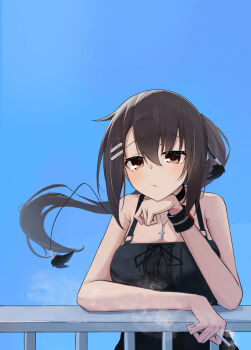 1girl :/ absurdres against_railing arm_rest bare_arms bare_shoulders between_fingers black_choker black_dress black_ribbon black_wrist_cuffs blue_background blue_sky bored breast_rest breasts brown_eyes brown_hair choker cigarette closed_mouth cross cross_necklace day dress elbow_rest expressionless floating_hair goth_fashion hair_between_eyes hair_ornament hairclip hand_on_own_chin head_rest highres holding holding_cigarette jewelry large_breasts latin_cross long_hair minakami_yuki necklace outdoors parallel_hairclips ponytail railing ribbon side_ahoge sidelocks single_wrist_cuff sky sleeveless sleeveless_dress smoke solo subarashiki_hibi suspenders takoyaki032002 upper_body wrist_cuffs