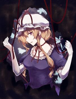 1girl blonde_hair bug butterfly choker collarbone commentary_request dress elbow_gloves expressionless frills from_side gloves hair_bun hat highres insect koto_(shiberia39) long_hair long_sidelocks mob_cap parted_lips purple_dress purple_eyes ribbon_choker short_sleeves sidelocks solo string string_of_fate touhou upper_body white_gloves yakumo_yukari