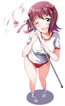 1girl ;d alternate_costume amami_haruka bad_id bad_twitter_id blush breasts brown_hair buruma collarbone female_focus flag full_body garana green_eyes gym_uniform hair_ribbon holding idolmaster idolmaster_(classic) large_breasts looking_at_viewer name_tag numbered_flag one_eye_closed open_mouth red_buruma red_ribbon ribbon shirt shoes short_hair short_sleeves smile sneakers socks solo sweat white_background white_shirt white_shoes white_socks