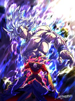 Rule 34 | 2boys, aura, bald, black bodysuit, bodysuit, boyerjorys, colored skin, cowboy shot, dragon ball, dragon ball super, full body, grey eyes, grey hair, grey skin, highres, jiren, multiple boys, muscular, muscular male, orange pants, pants, red bodysuit, signature, solo, solo focus, son goku, spiked hair, topless male, ultra instinct