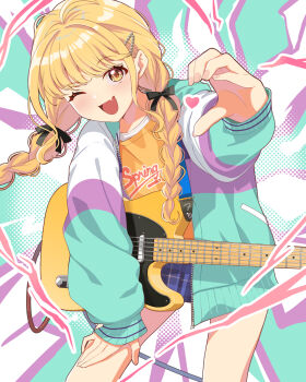 1girl ;d blonde_hair blue_skirt blush braid commentary_request electric_guitar fang fender_telecaster fujita_kotone gakuen_idolmaster guitar guitar_strap hair_ornament hair_ribbon hairclip half-heart_hands heart highres idolmaster instrument jacket long_sleeves looking_at_viewer one_eye_closed open_clothes open_jacket open_mouth plaid_clothes plaid_skirt pleated_skirt print_shirt retsuna ribbon shirt skin_fang skirt smile solo twin_braids yellow_eyes yellow_shirt