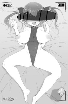 1girl bar_censor battery_indicator between_breasts blush breasts breasts_out censored clothes_between_breasts commentary_request disembodied_penis highleg highleg_leotard highres hololive houshou_marine huge_penis inarou_(rakugakiproject) inverted_nipples large_breasts leotard lying on_back open_mouth penis penis_on_face shortstack skull_cup smile solo sweat thick_thighs thighs thong thong_leotard twintails viewfinder virtual_youtuber