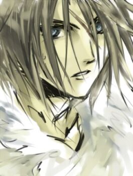 1boy blue_eyes brown_hair commentary_request final_fantasy final_fantasy_viii fur_trim hinokami lowres male_focus parted_lips scar scar_on_face serious solo squall_leonhart sweatdrop upper_body white_background white_fur