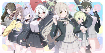 6+girls ahoge arm_up black_hair black_jacket black_necktie black_robe black_skirt blonde_hair blue_archive blush bow breasts brown_eyes brown_hair closed_mouth eri_(blue_archive) fuyu_(blue_archive) green_bow green_eyes green_hair green_halo grey_hair grey_jacket hair_between_eyes hair_bow hair_ornament hair_over_one_eye halo hat highres huge_ahoge jacket kaerunrun kanoe_(blue_archive) large_breasts looking_at_another looking_at_viewer miyo_(blue_archive) multicolored_hair multiple_girls necktie open_mouth orange_eyes orange_halo pink_halo red_bow robe shirt short_hair sidelocks skirt smile socks tilted_halo wavy_hair white_bow white_shirt white_socks witch_hat yellow_halo yellow_jacket