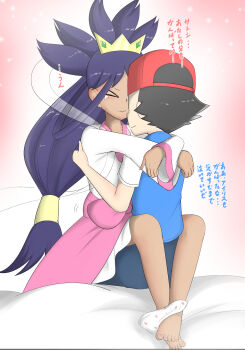 &gt;_&lt; 1boy 1girl ash_ketchum bar_censor censored closed_eyes clothed_sex comforting crying hat hetero highres implied_sex iris_(pokemon) japanese_text kodomo_doushi kstrsnj_(pixiv7343828) loli nintendo panties panties_around_leg pokemon pokemon_(anime) pokemon_jn117 pokemon_journeys sex shota sitting tears toes translation_request underwear