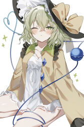 Rule 34 | 1girl, black hat, bow, closed mouth, collarbone, commentary, crossed bangs, frilled hat, frills, green bow, green eyes, green hair, hat, hat bow, heart, heart of string, highres, jacket, komeiji koishi, one eye closed, seiza, shirt, sitting, sleeves past fingers, sleeves past wrists, solo, sorani (kaeru0768), sparkle, thighs, touhou, white background, white shirt, wide sleeves, yellow bow, yellow jacket
