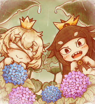Rule 34 | 1boy, 1girl, absurdres, bandages, bandages over eyes, black bow, black bowtie, black eyes, black hair, blind prince, blue flower, blunt bangs, blush, bow, bowtie, closed mouth, crown, dress, flower, hands up, highres, hydrangea, leaf, liar princess, long hair, long sleeves, open mouth, purple flower, sharp teeth, shirt, short hair, sidelocks, smile, teeth, thick eyebrows, usotsuki hime to moumoku ouji, weegie, white dress, white hair, white shirt