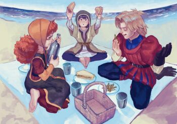 1girl barefoot black_gloves black_hair blonde_hair closed_mouth commentary_request curly_hair dragon_quest dragon_quest_vii dress food full_body gloves hat hero_(dq7) highres hood kiefer long_hair maribel_(dq7) multiple_boys ocean open_mouth sandwich single_glove smile soles uranagi_(uranaginasi)