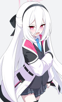 Rule 34 | 1girl, absurdres, black hairband, black skirt, black vest, blue archive, blue necktie, blush, bow, commentary, hair between eyes, hair bow, hairband, halo, highres, jacket, kei (blue archive), kei (new body) (blue archive), long hair between eyes, long sleeves, looking at viewer, multicolored jacket, necktie, negi 0712, open mouth, rectangular halo, red eyes, red halo, ringed eyes, school uniform, simple background, skirt, solo, two-tone jacket, v-shaped eyebrows, vest, white background