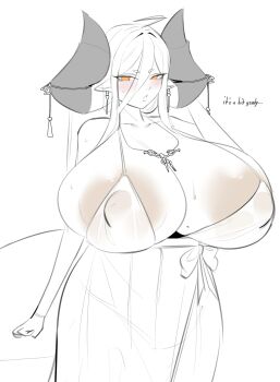 1girl absurdres areola_slip blush breasts cleavage covered_erect_nipples crabb dress earrings english_text hair_between_eyes highres horns huge_areolae huge_breasts jewelry looking_at_viewer necklace orange_eyes original pointy_ears sidelocks solo