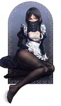 1girl alternate_costume apron black_gloves black_hair black_pantyhose braid cojohn commentary_request enmaided fate/strange_fake fate_(series) feet gloves half_gloves highres leg_focus long_hair looking_at_viewer maid mouth_veil no_name_assassin_(fate) no_shoes pantyhose red_eyes sitting solo toes twin_braids veil waist_apron white_apron