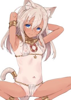 1girl alakoala animal_ear_fluff animal_ears ankle_cuffs armpits arms_behind_head bikini blonde_hair blue_eyes blush breasts cameltoe cat_ears cat_tail commentary_request covered_erect_nipples double-parted_bangs feet_out_of_frame hair_between_eyes highres kantai_collection kemonomimi_mode loli long_hair looking_at_viewer mons_pubis navel pussy ro-500_(kancolle) simple_background small_breasts solo spread_legs squatting stomach swimsuit tail tan tanline white_background white_bikini
