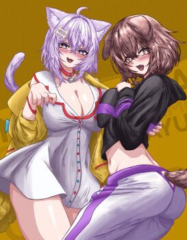 ahoge animal_ears ass blush bone_hair_ornament breast_press breasts bright_pupils brown_eyes brown_hair cat_ears cat_tail cleavage collar commentary cosplay costume_switch crop_top dog_ears dog_tail dress fang fingernails hair_ornament hairclip hand_up highres hololive hood hooded_jacket inugami_korone inugami_korone_(1st_costume) jacket large_breasts long_fingernails looking_at_viewer medium_hair nail_polish nasterro navel nekomata_okayu nekomata_okayu_(1st_costume) open_mouth purple_eyes purple_hair red_collar sharp_fingernails skin_fang smile symmetrical_docking tail tail_raised virtual_youtuber white_dress white_pupils