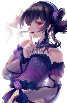 Rule 34 | 1girl, absurdres, bare shoulders, black hair, black nails, blush, commentary, detached collar, detached sleeves, dress, drill hair, finger to mouth, flower, frilled dress, frills, hair flower, hair ornament, hairband, highres, idolmaster, idolmaster shiny colors, index finger raised, lolita hairband, long sleeves, looking at viewer, morino rinze, nail polish, open mouth, purple dress, red eyes, sash, see-through clothes, see-through sleeves, shikuwata, shushing, simple background, solo, strapless, strapless dress, twin drills, twintails, upper body, white background