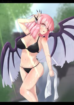 1girl absurdres animal_ears bikini bird_ears bird_wings black_bikini black_nails blurry blurry_background blush breasts cleavage commentary_request commission fingernails forest highres holding holding_towel large_breasts light_rays long_fingernails lorela_thirst medium_breasts mystia_lorelei nature navel open_mouth outdoors pink_hair skeb_commission solo swimsuit touhou towel variant_set white_wings wings