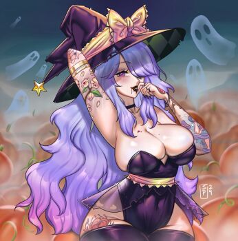 1girl alternate_costume arm_tattoo bad_tag breasts camilla_(fire_emblem) cleavage fire_emblem fire_emblem_fates ghost hair_over_one_eye hat large_breasts leg_tattoo long_hair looking_at_viewer navel nintendo one_eye_covered purple_eyes purple_hair snazzypumpkin solo tattoo thighhighs wavy_hair witch witch_hat