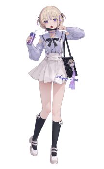 1girl absurdres black_socks blonde_hair bow bow_legwear full_body highres hololive hololive_dev_is jirai_kei kaguya_(srx61800) kneehighs long_sleeves looking_at_viewer open_mouth purple_eyes purple_hair purple_shirt shirt shoes short_hair simple_background skirt socks solo standing todoroki_hajime twitter_username two_side_up virtual_youtuber white_background white_bow white_shoes white_skirt