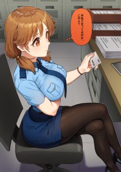 1girl arm_under_breasts blue_necktie blue_shirt blue_skirt breasts brown_hair brown_pantyhose business_card chair commentary_request crossed_legs highres idolmaster idolmaster_cinderella_girls indoors japan_national_police kamille_(vcx68) katagiri_sanae large_breasts looking_at_object miniskirt necktie pantyhose paper_stack pencil_skirt police police_uniform policewoman shirt short_sleeves sitting skirt solo speech_bubble swivel_chair thought_bubble translation_request twintails