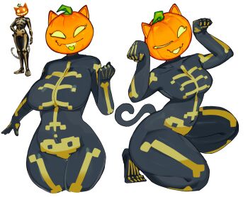 Rule 34 | 1girl, absurdres, animal ears, black bodysuit, bodysuit, breasts, cat ears, cat girl, cat tail, fang, fortnite, highres, jack-o'-lantern, jack-o'-lantern head, large breasts, looking at viewer, one eye closed, open mouth, paw pose, pumpkin, pumpkin head, ryota ravioli, skeleton print, skin fang, smile, solo, spice (fortnite), tail, white background