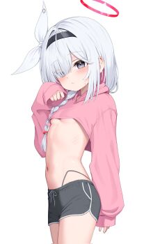 1girl black_hairband black_shorts blue_archive blush braid breasts closed_mouth colored_inner_hair cowboy_shot crop_top cropped_hoodie dolphin_shorts drawstring eyes_visible_through_hair grey_eyes hair_over_one_eye hair_ribbon hairband halo hand_up highleg highleg_panties highres hood hoodie loli long_hair long_sleeves looking_at_viewer multicolored_hair navel panties panty_straps pink_hair pink_halo pink_hoodie pink_sweater plana_(blue_archive) red_halo red_pupils ribbon ryuhei_(lyuheyi1011) short_shorts shorts simple_background single_braid sleeves_past_wrists small_breasts solo stomach sweater two-tone_hair underboob underwear white_background white_hair white_ribbon