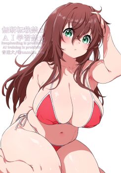 1girl bare_shoulders bikini blush breasts brown_hair cleavage closed_mouth green_eyes hair_between_eyes highres large_breasts long_hair looking_at_viewer navel onsoku_inu original red_bikini sitting solo swimsuit