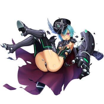 1girl armor ass beige_skin blue_hair blush boots breasts cape coat damaged floating full_body gauntlet highres medium_breasts nanatsu_no_bitoku navel nipple_slip nipples one_eye_closed open_mouth oversized_object sandalphon_(nanatsu_no_bitoku) see-through_clothes short_hair soles thighhighs torn_clothes transparent_background