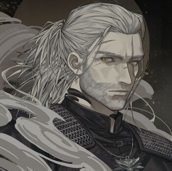 1boy absurdres armor beard brown_background closed_mouth facial_hair geralt_of_rivia grey_hair highres jewelry long_hair looking_at_viewer male_focus mature_male necklace old old_man ponytail portrait scar scar_across_eye scar_on_face smoke solo the_witcher_(series) the_witcher_3 upper_body watermark wrinkled_skin yellow_eyes youamo