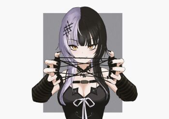 1girl arm_strap black_arm_warmers black_choker black_dress black_hair black_nails breasts cat&#039;s_cradle choker cleavage dress grey_hair highres holding holding_string hololive hololive_english large_breasts long_hair looking_at_viewer multicolored_hair ribbon shiori_novella shiori_novella_(1st_costume) solo split-color_hair string striped_arm_warmers two-tone_hair virtual_youtuber wgz5432 white_ribbon yellow_eyes
