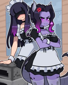 2girls absurdres arm_support arms_under_breasts black_choker black_hair blush breasts choker cleavage closed_mouth collarbone colored_skin crossed_arms dragon_girl dragon_horns dragon_tail ender_dragon enderman gradient_hair highres horns large_breasts long_hair looking_at_viewer maid minecraft mole mole_under_eye muds multicolored_hair multiple_girls personification ponytail purple_hair purple_skin short_hair short_ponytail split_mouth tail thighhighs white_thighhighs