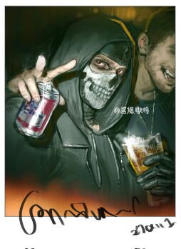 2boys alcohol arm_around_shoulder arm_up beard beer_can black_gloves black_hoodie black_shirt brown_eyes brown_hair call_of_duty call_of_duty:_modern_warfare_2 can chinese_commentary commentary cup drawstring drink_can english_commentary facial_hair ghost_(modern_warfare_2) glass gloves head_out_of_frame highres holding holding_can holding_cup hood hood_up hoodie jewelry jiangbaoaowu lapels looking_at_viewer male_focus mask mixed-language_commentary mouth_mask multiple_boys necklace open_mouth polaroid_photo shirt sideburns skull_print soap_(modern_warfare_2) solo_focus teeth