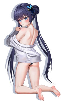 1girl absurdres ass back barefoot black_panties blue_archive blue_eyes butterfly_hair_ornament closed_mouth commentary_request drop_shadow feet hair_bun hair_ornament highres kisaki_(blue_archive) kneeling long_hair looking_at_viewer looking_back panties solo twintails underwear won_(won3355)
