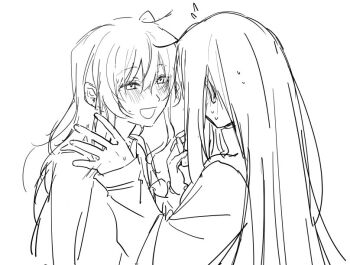 2girls blush bocchi_the_rock! gotoh_hitori greyscale holding_hands interlocked_fingers kita_ikuyo long_hair mobudeshi monochrome multiple_girls open_mouth sweat yuri