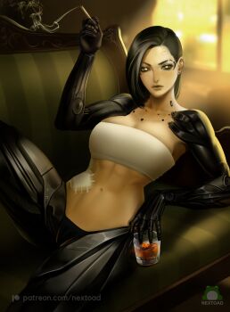 1girl adam_jensen alcohol amputee armpits bandages black_hair breasts cigarette couch cyberpunk cyborg deus_ex deus_ex:_human_revolution genderswap genderswap_(mtf) glass holding holding_cigarette injury looking_at_viewer lying medium_breasts nextoad patreon_username prosthesis prosthetic_arm prosthetic_leg sarashi science_fiction short_hair smoke solo toned watermark wine yellow_eyes